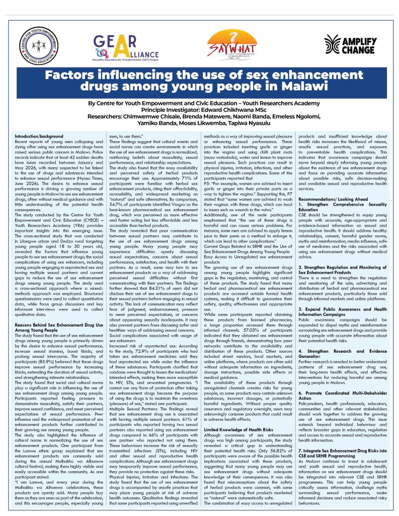 Factors influencing the use of sex enhancement drugs among young people in Malawi